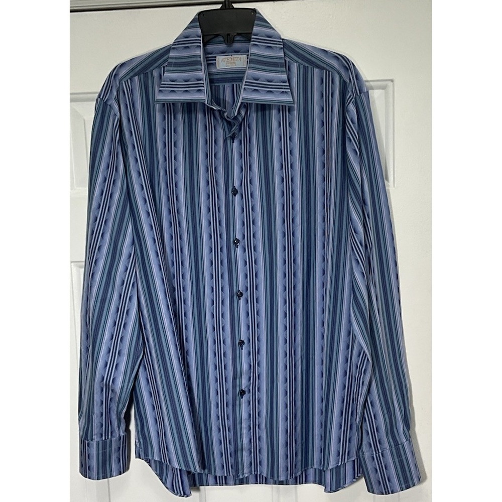 Ateseta Blue Striped 100% Cotton Long Sleeve Dress Shirt Italy Men's 44(XL) 17.5
